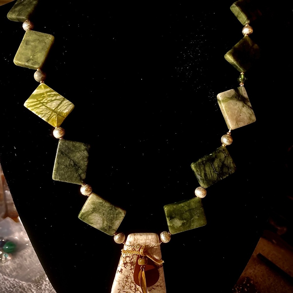 Green and White Necklace with Square Beads and Unique Pendant